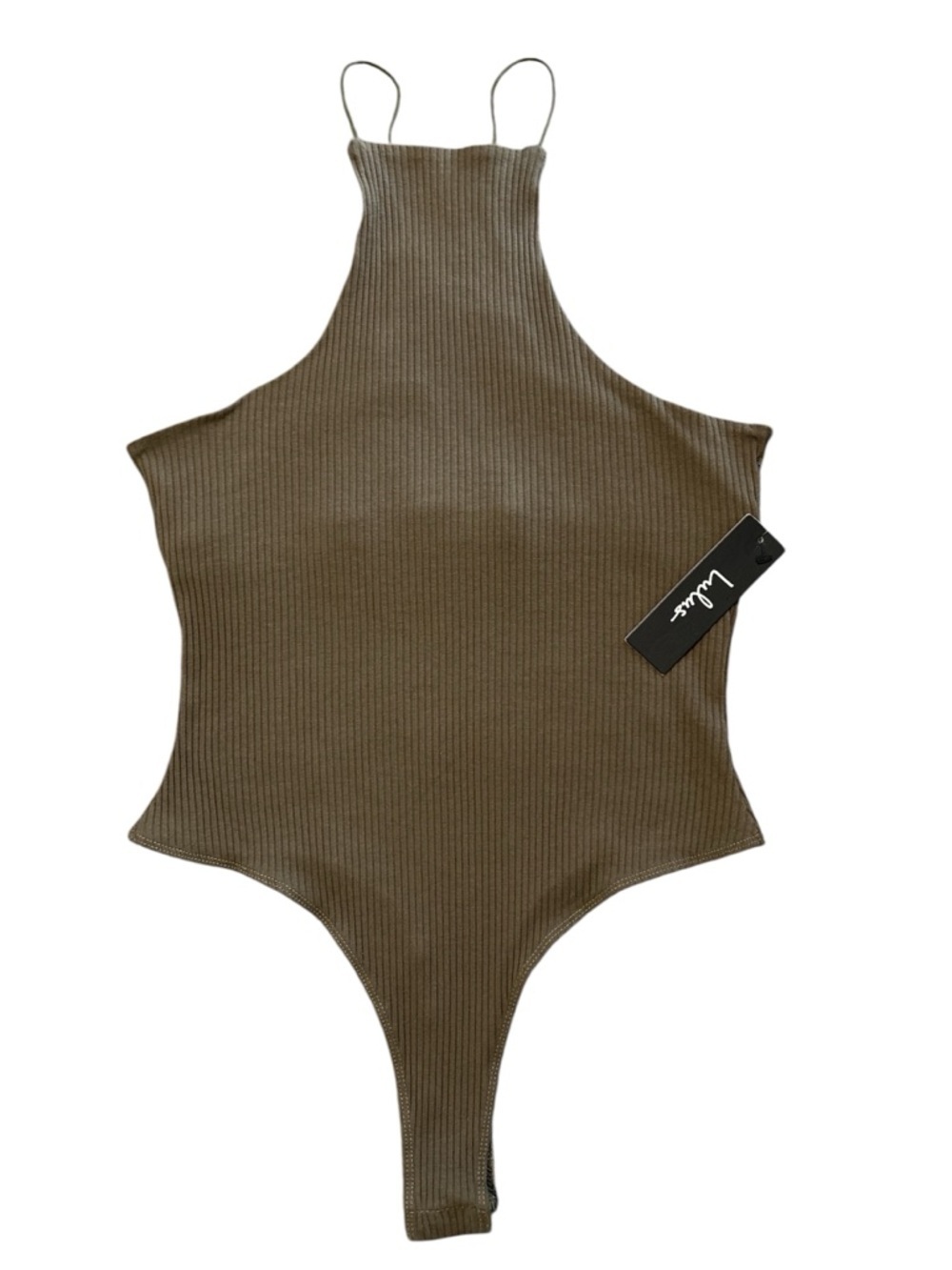 Lulu's Olive Ribbed High-Neck Spaghetti Straps Sleeveless Thong Bodysuit Sz Lrg